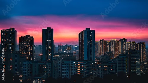 Wallpaper Mural City skyline at dusk with vibrant sunset colors illuminating buildings and windows in the foreground Torontodigital.ca
