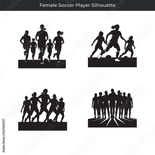 Four black silhouette illustrations of female soccer players in various action poses
