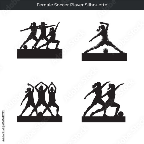 Dynamic silhouette collection featuring various female soccer player actions and poses