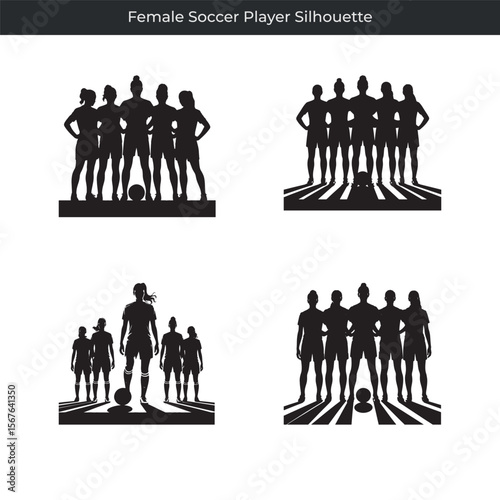 Grouped silhouette illustrations of female soccer player team in dynamic poses