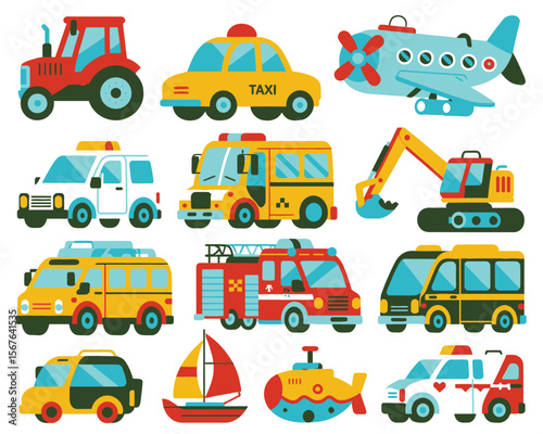 Transport Assortment: A vibrant illustration showcasing diverse transportation, from a bright red tractor to a sleek yellow taxi, an airplane soaring above, alongside various other vehicle models.