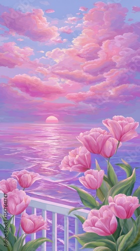 Pink sunset over ocean, tulips on a balcony