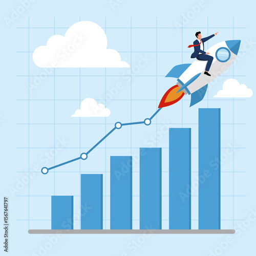 Illustration of a businessman riding a rocket on an ascending business graph, symbolizing rapid growth and market acceleration.