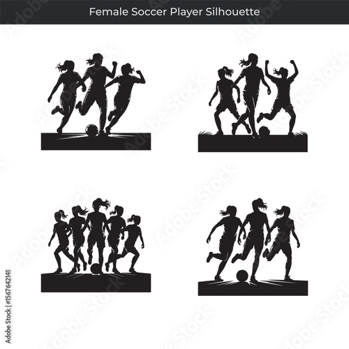 Dynamic silhouettes of female soccer players in action on a white background.