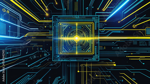 High-tech neon circuit board background with glowing blue and yellow lines on black, featuring digital data flow, geometric cyber patterns, and a radiant futuristic CPU interface design