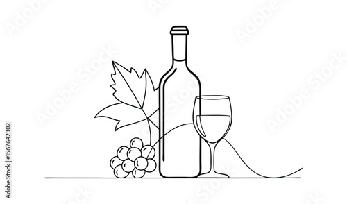 Elegant line art illustration of a wine bottle glass grapes and leaf