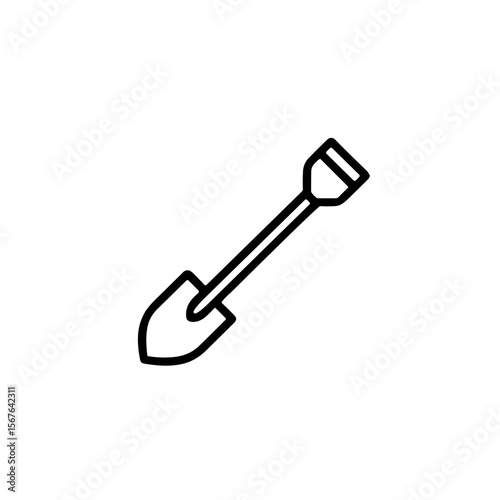 Minimalistic black and white line art illustration of a shovel  