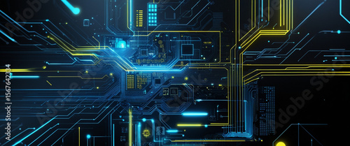 High-tech neon circuit board background with glowing blue and yellow lines on black, featuring digital data flow, geometric cyber patterns, and a radiant futuristic CPU interface design