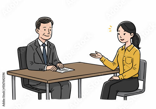 Illustration of a business meeting or job interview between a man and a woman at a desk