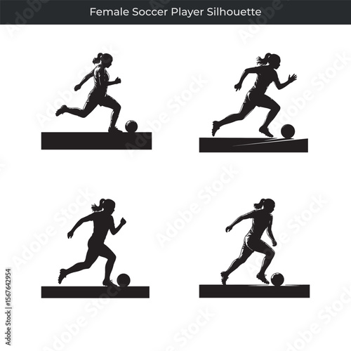 Dynamic black silhouette illustration of a female soccer player controlling the ball