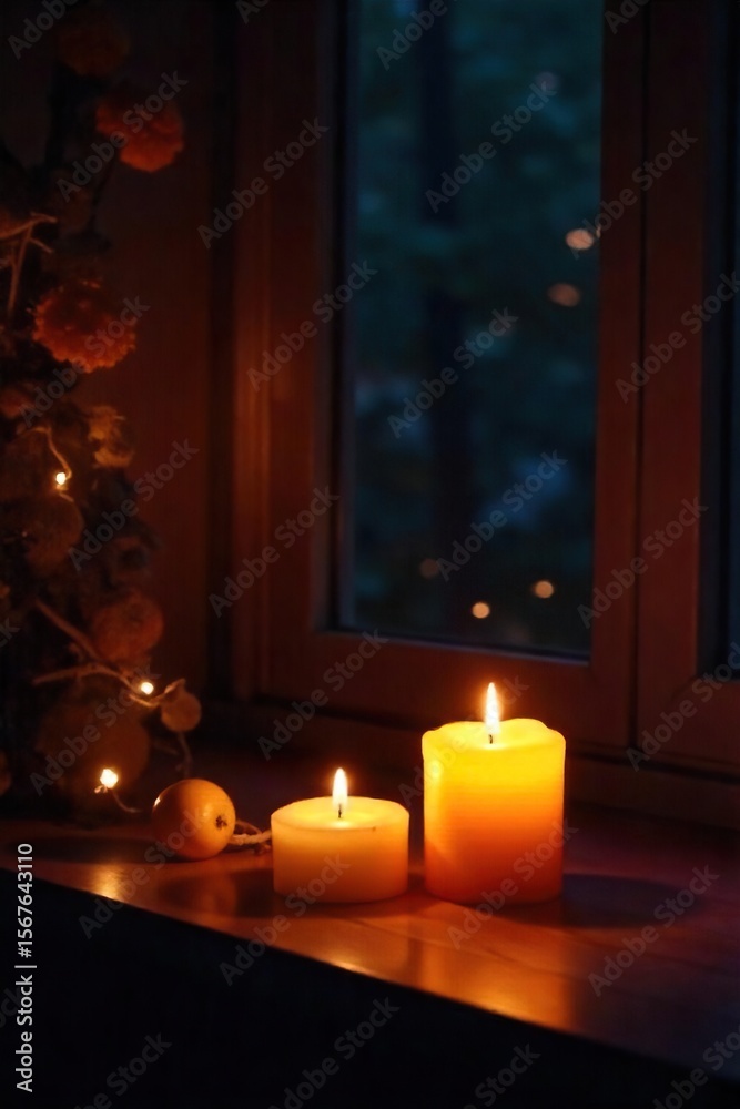 Fototapeta premium Warm Candlelight Illuminates Dark Room, Casting Soft Shadows Cozy, Intimate Atmosphere Perfect for Relaxation, Romance, or Meditation
