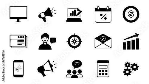 Flat vector remarketing icons set featuring analytics, conversion funnel, retargeting ad symbol, customer journey, and campaign optimization for digital advertising