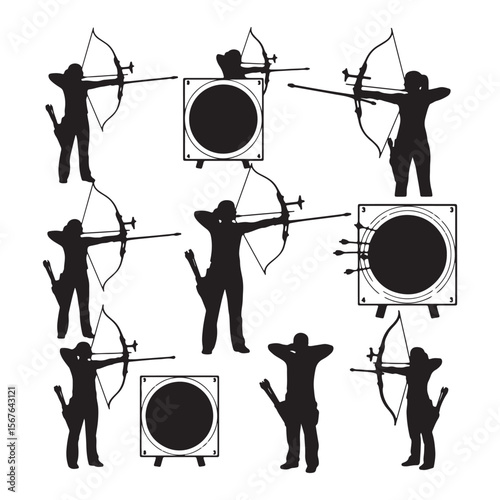 Archers aiming bows at targets with arrows in quivers archery