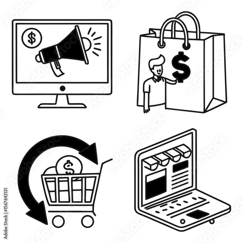 Flat vector remarketing icons set featuring analytics, conversion funnel, retargeting ad symbol, customer journey, and campaign optimization for digital advertising