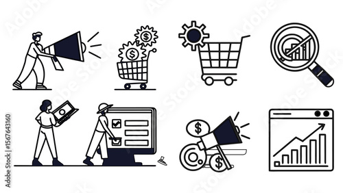 Flat vector remarketing icons set featuring analytics, conversion funnel, retargeting ad symbol, customer journey, and campaign optimization for digital advertising