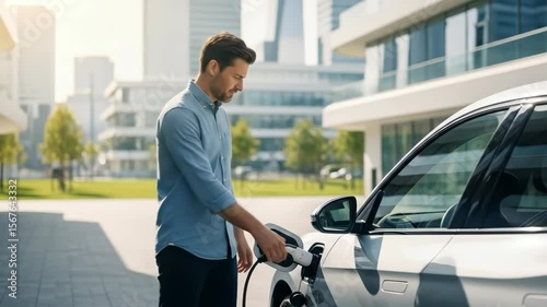 Man plugging in an electric car charger at a public station, symbolizing sustainable transportation, green energy adoption, and urban eco-friendly living.