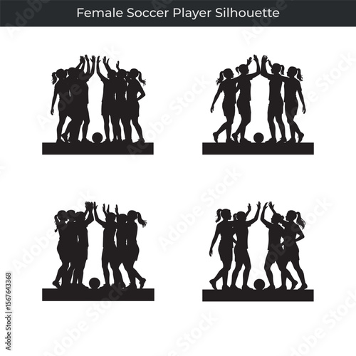 Female soccer player silhouettes celebrating victory with soccer balls in black and white