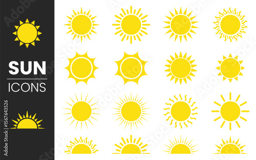 sun icon set,sunshine and sunrise or sunset. Decorative circle full and half sun and sunlight yellow sun vector sign.