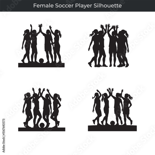 Four silhouettes of female soccer players celebrating together on a white background
