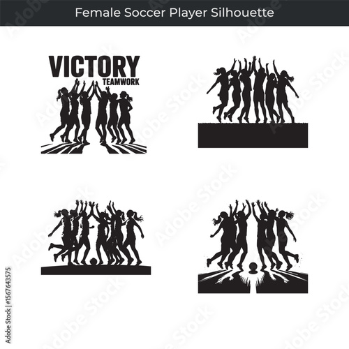 Silhouettes of celebrating female soccer players depicting victory and teamwork on white background