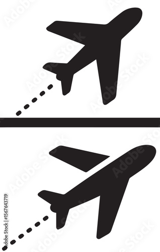 
A black vector image depicting two airplanes. The top one shows a plane taking off from a runway, and the bottom one shows a plane in descent, both with dotted paths.