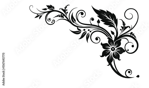 Elegant black swirl floral design element with flower and leaves on white background