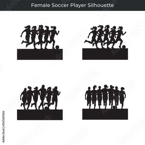 Black silhouettes of female soccer players running and playing soccer on white background