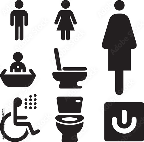 A set of black vector icons on a white background, representing various public facility and restroom signs including male, female, transgender, baby, toilet, disabled shower, and power button.