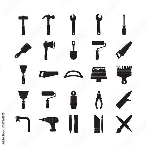 Assorted construction and painting tools displayed in a grid hammer wrench