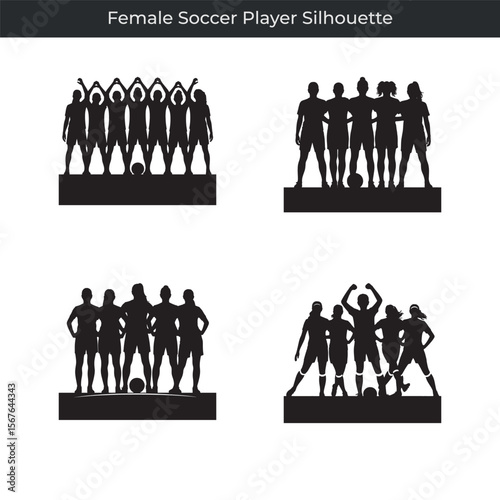 Collection of female soccer player silhouette designs in different team poses and formations