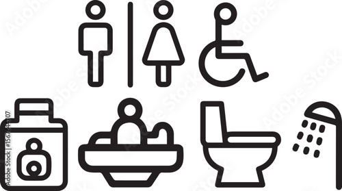 A set of black outline vector icons on a white background, representing public restroom and personal care facilities: male, female, accessible, product, baby bath, toilet, and shower.