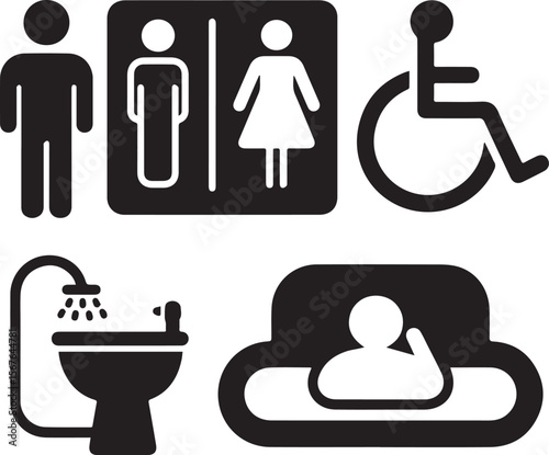 
A black and white vector image featuring various universal facility signs: male, combined male/female restroom, accessible, bidet toilet, and a waiting area.