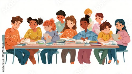 Classroom with mixed-gender students sitting in rows, open books and notebooks