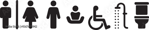 A black and white vector image featuring a series of universal restroom and facility icons: male, female, gender-neutral, baby, accessible, shower, and toilet.