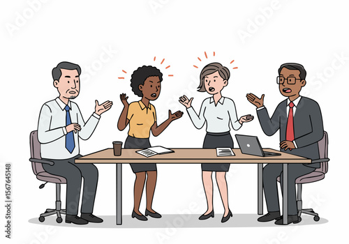 Four diverse business people in a meeting having a heated conflict or argument with expressive gestures and tension around a table.