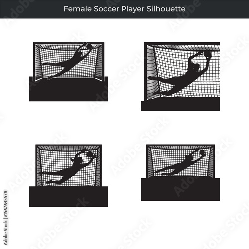 Dynamic silhouette collection depicting a female soccer player in action saving the ball