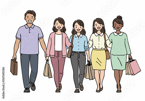 Diverse group of happy friends walking together with shopping bags after a successful retail therapy outing
