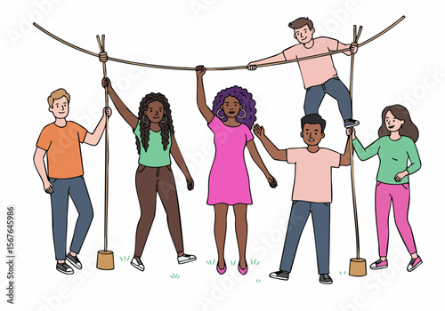 Diverse team collaborating to hold up a rope, demonstrating teamwork, support, and trust in a challenge.