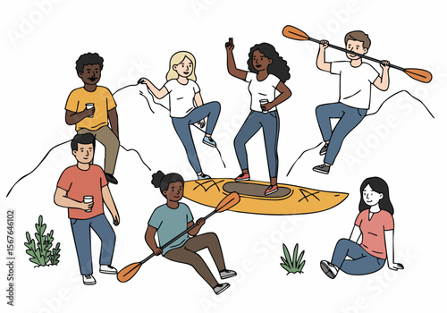 Diverse group of friends enjoying outdoor activities like hiking and kayaking in nature. Illustration of active lifestyle and adventure.