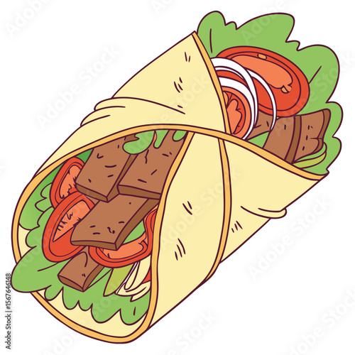 Cartoon Illustration of a Wrapped Shawarma Sandwich with Vegetables