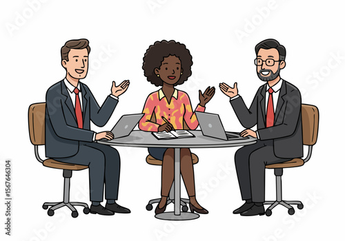 Diverse Business Team Engaged in Discussion at Meeting Table with Laptops and Notebook