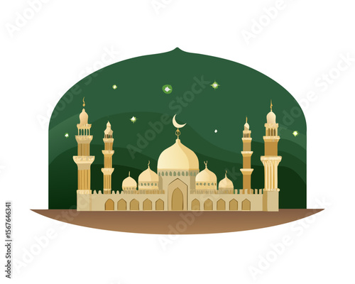 Ramadan Kareem design on green Islamic background with gold ornament star, moon, mosque, lanterns and ketupat. Suitable for raya and Ramadan template concept