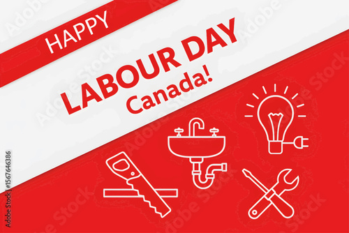 Happy Labour Day Canada Poster with Tools and Trades Icons on Red Background