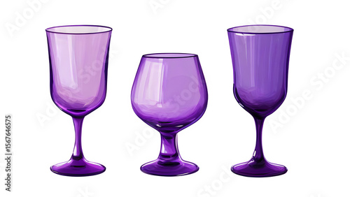 A still life featuring three purple glasses against a white backdrop