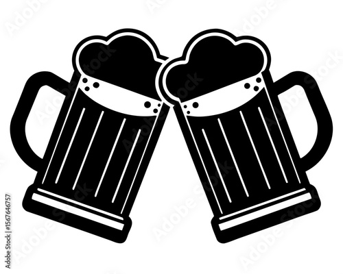 Cheers to a Moment: Two overflowing beer mugs are clinking, the dark foam of beer creates a bold monochrome.