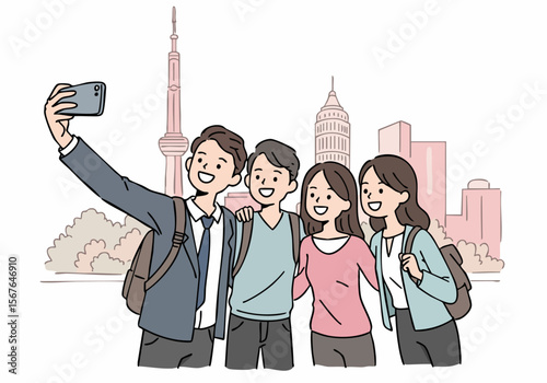 Happy friends or tourists taking a selfie illustration in a vibrant city with landmarks, capturing moments of travel and togetherness.