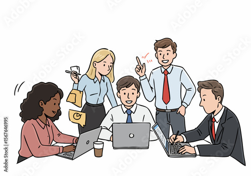 Diverse business team collaboration illustration during an office meeting.