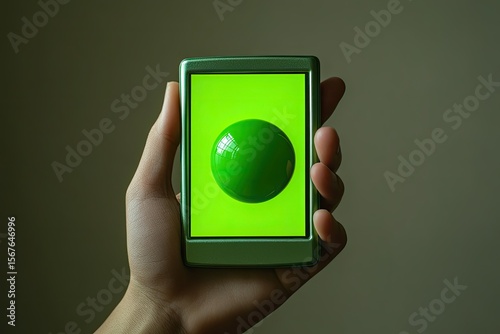 A Small Handheld Communication Device or Phone with a Green Globe or Sphere on the Screen