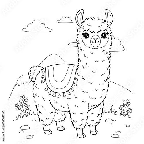 Fluffy cartoon llama with a patterned blanket stands in front of a scenic mountain landscape filled with clouds, rocks, and wildflowers.
