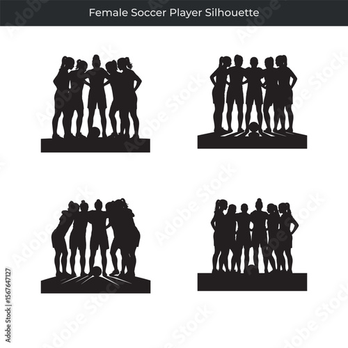 Black silhouette collection of female soccer player teams standing together on white